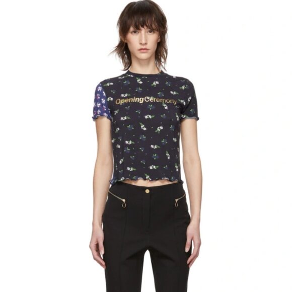 Opening Ceremony Tops - Opening Ceremony Black Fem Fit Floral Lettuce Edge T-Shirt